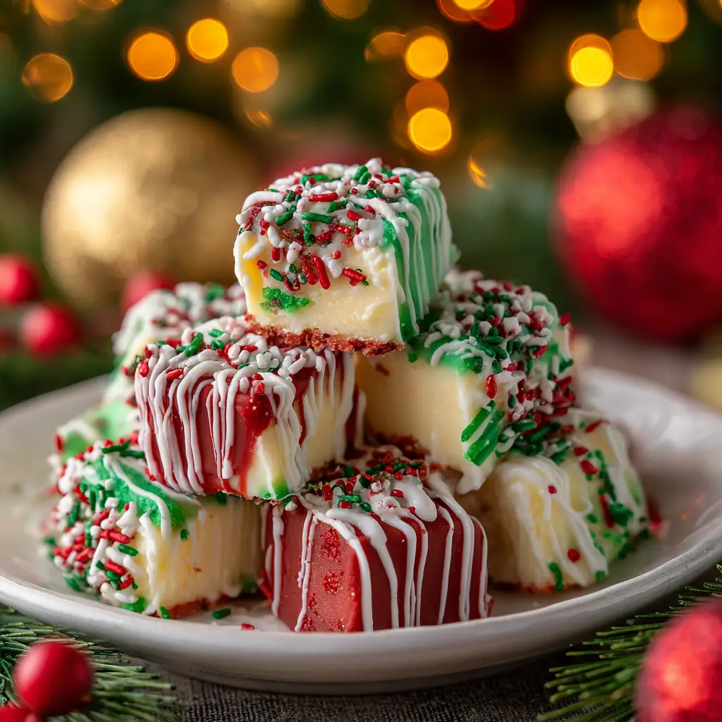 No-Bake Christmas Cheesecake Bites (Easy & Festive!) 3 A pyramid stack of festive cheesecake balls, showcasing the creamy filling and crunchy gingerbread crust.