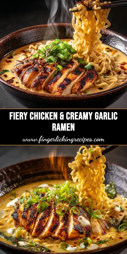 A delicious bowl of homemade Fiery Chicken Ramen with tender chicken, a jammy soft-boiled egg, and vibrant green onions.