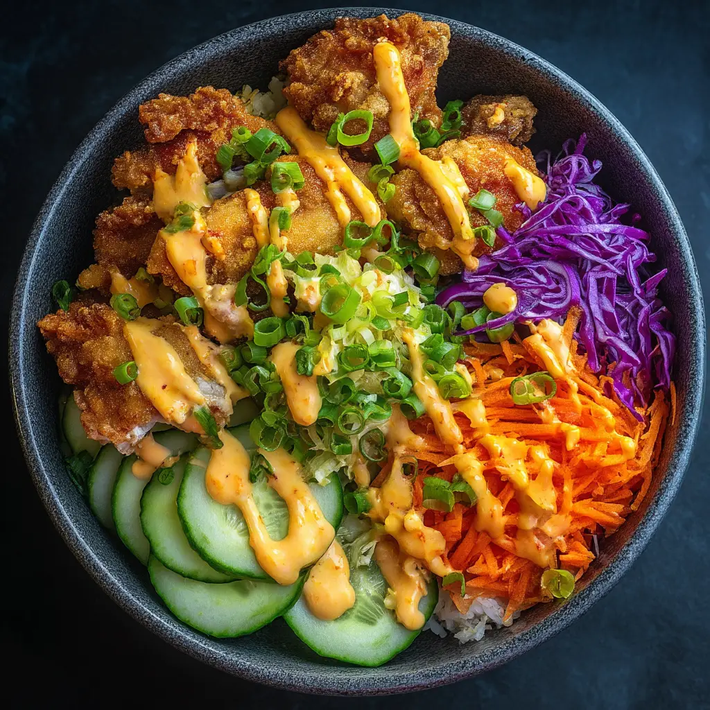 A beautifully assembled Bang Bang Chicken Bowl with all the toppings, including carrots, cucumber, avocado, and a sprinkle of green onions.