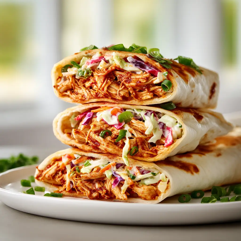 A plated BBQ chicken wrap cut in half, revealing the colorful layers of chicken, lettuce, red onion, and ranch dressing.