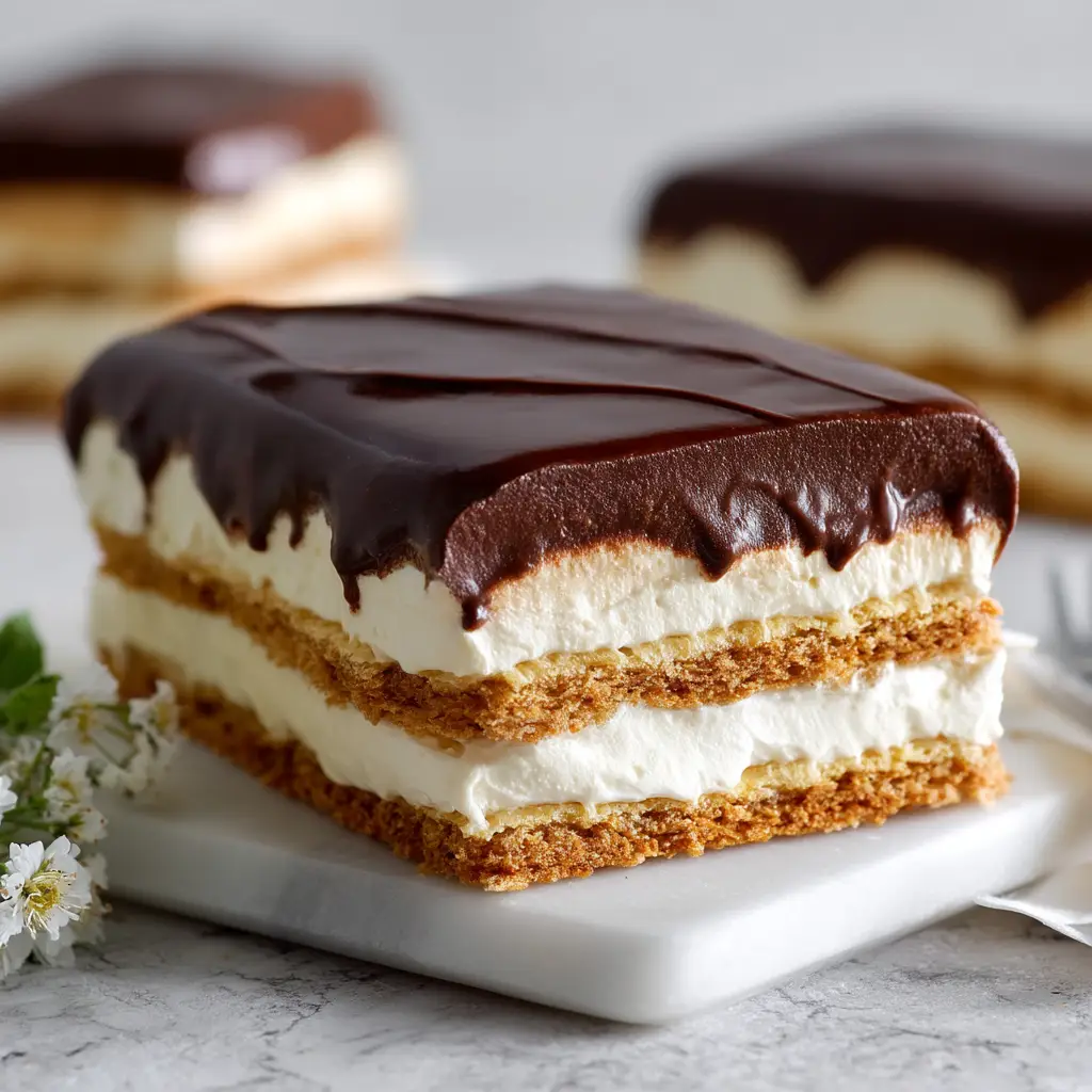 The full No-Bake Chocolate Eclair Cake in a glass dish, topped with a smooth, glossy chocolate ganache.