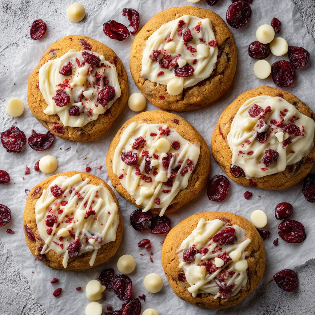 A batch of finished Cranberry Bliss Cookies with cream cheese frosting, showing the beautiful drizzle of white chocolate and sprinkle of dried cranberries.
