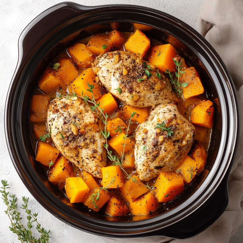 A close-up shot of the finished Crockpot Maple Dijon Chicken being served over mashed potatoes in a rustic bowl.
