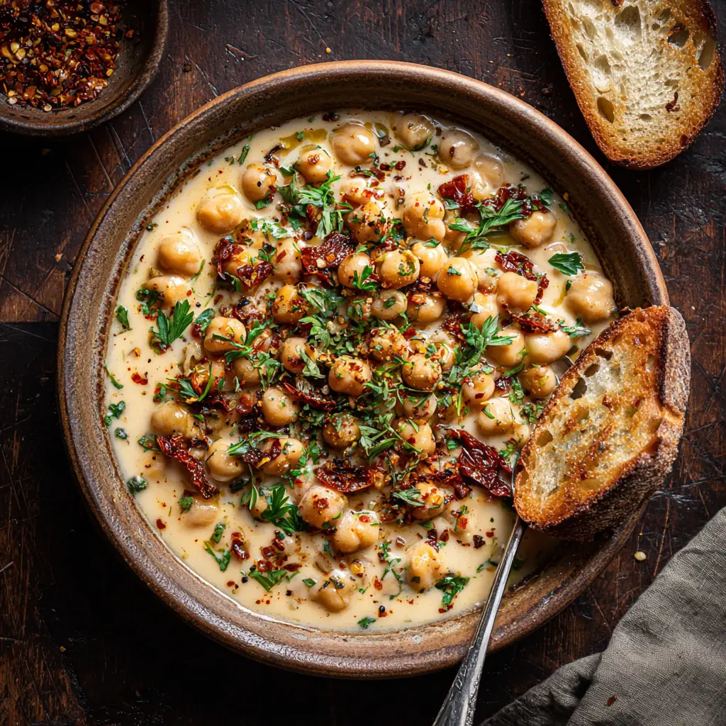 A final plated bowl of Marry Me Chickpeas, garnished with fresh basil, ready to be served.