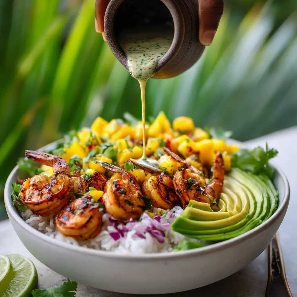 Shrimp and Avocado Bowls with Creamy Cilantro-Lime Dressing 2 A fully assembled cilantro lime shrimp bowl, beautifully arranged in a white bowl and ready to eat.