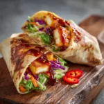 Two freshly made Sweet Chili Halloumi Wraps sitting side-by-side on a plate, ready to be eaten. The golden-brown halloumi and fresh vegetables are visible inside the tortilla.