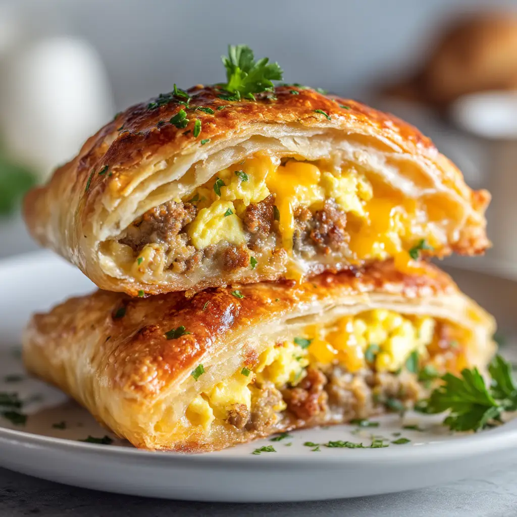 A pair of golden baked breakfast pockets resting on a wooden board, showcasing their perfectly flaky crust.