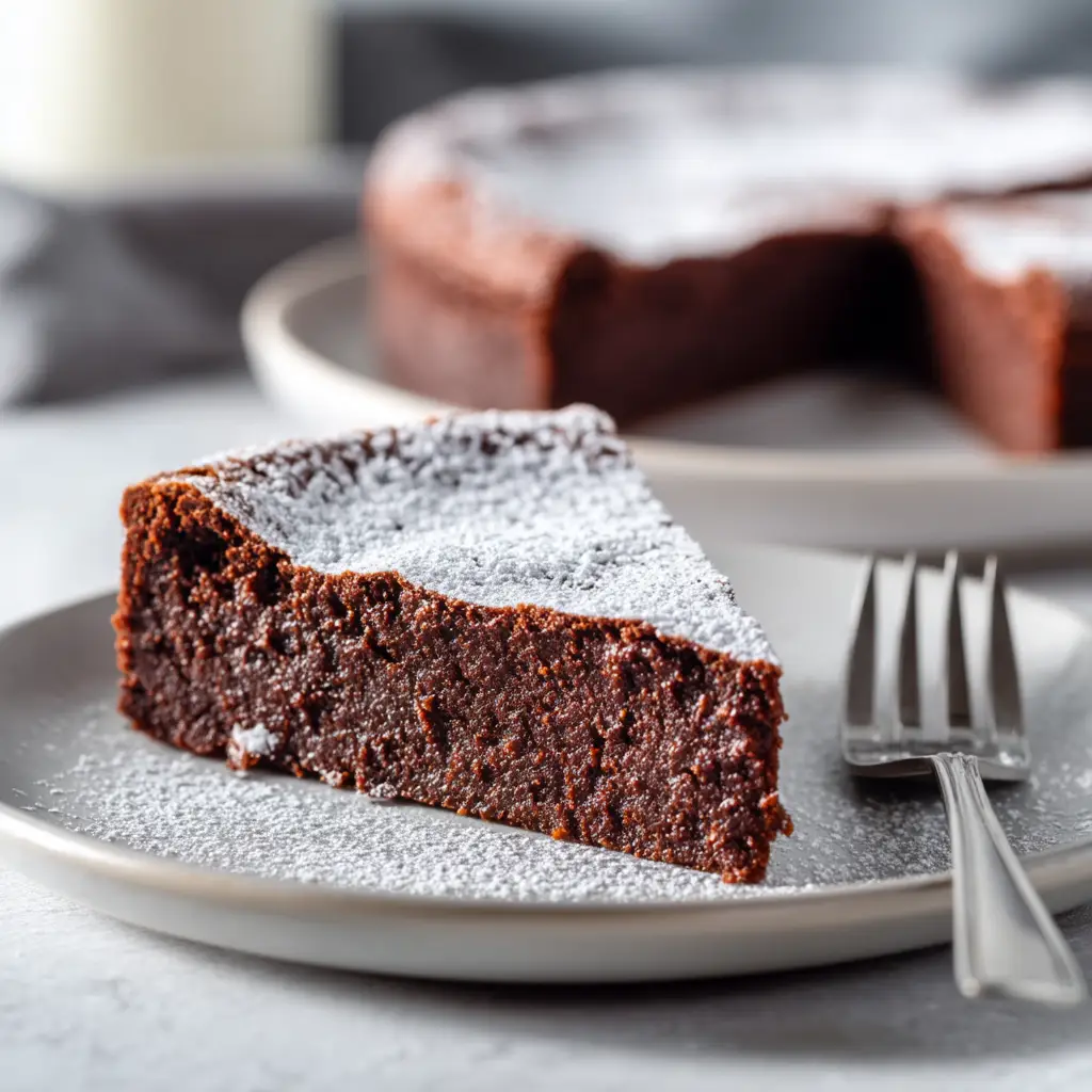 The smooth, glossy batter for the flourless chocolate torte being poured into a prepared springform pan before baking.