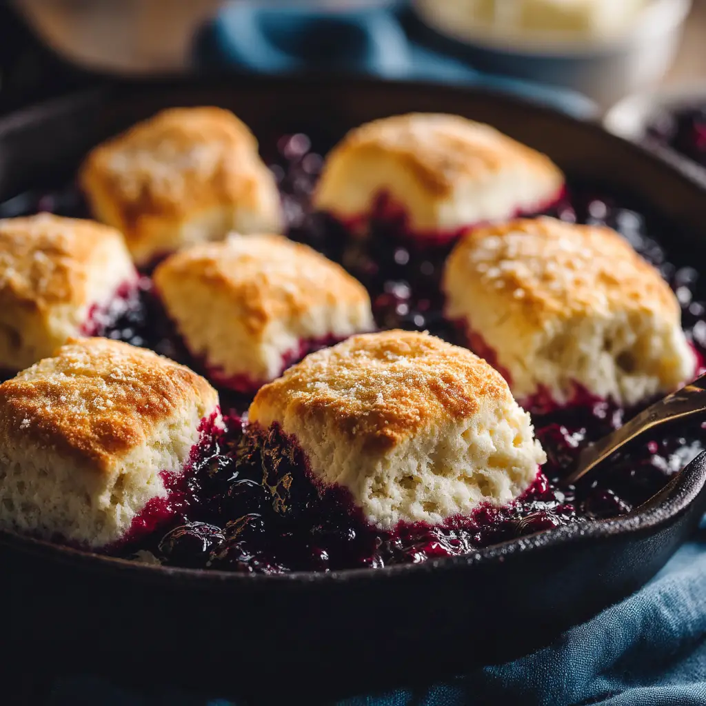 A close-up shot of a single blueberry butter swim biscuit, highlighting its fluffy interior and crispy, buttery edges.