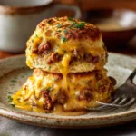 Two fluffy buttermilk biscuits stacked on a plate, showcasing their soft interior and golden crust.