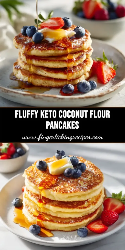 A tall, fluffy stack of golden coconut flour pancakes on a white plate, drizzled with maple syrup and topped with fresh blueberries.