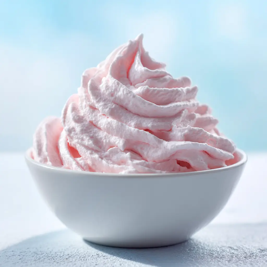 Strawberry Marshmallow Frosting (The Easiest, Fluffiest Recipe) 3 A close-up shot of the finished fluffy strawberry frosting, showing its smooth and airy texture inside a white bowl.