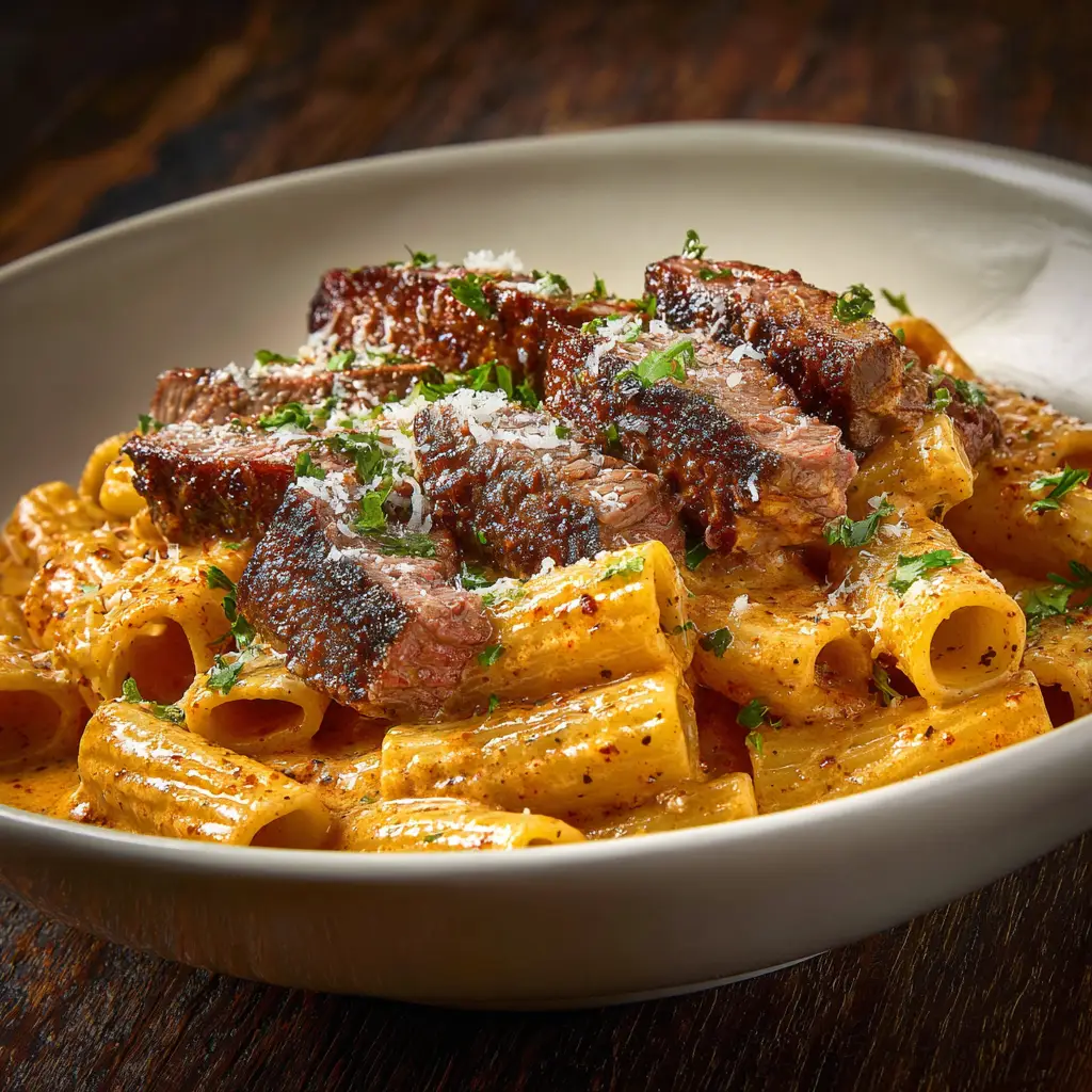 Cajun Steak Pasta: A Creamy, Spicy Delight in 30 Minutes 2 A forkful of Cajun steak pasta, highlighting the juicy steak and rigatoni covered in a rich, creamy sauce.
