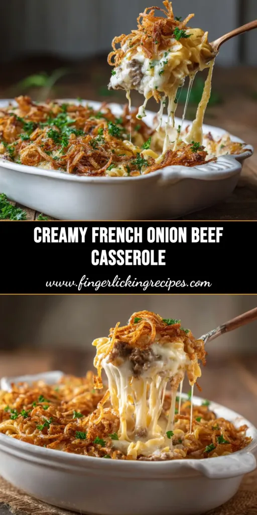 A top-down view of a delicious French Onion Beef Casserole in a white baking dish, showing the perfectly golden brown and bubbly Gruyere cheese topping.
