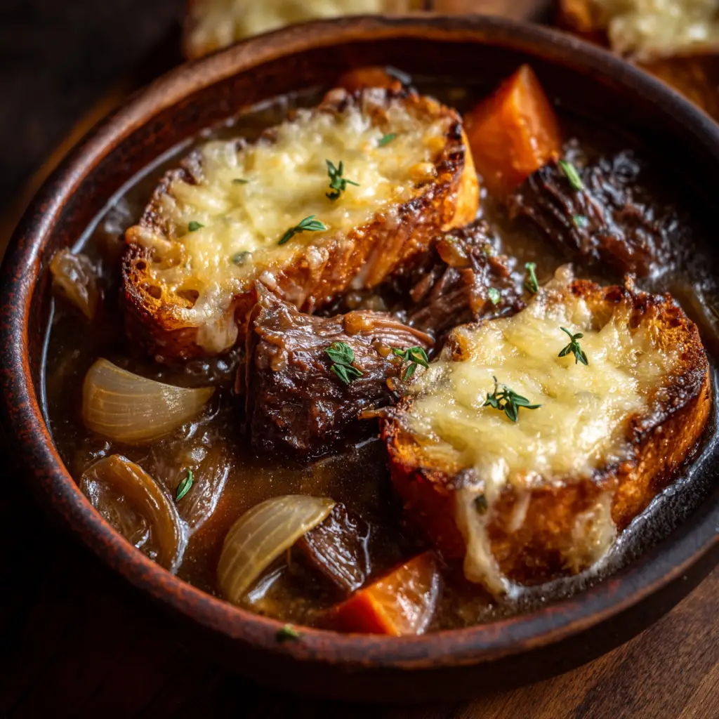 A top-down view of a bowl of French Onion Beef Short Rib Soup, with the golden-brown melted Gruyère cheese crouton as the centerpiece.
