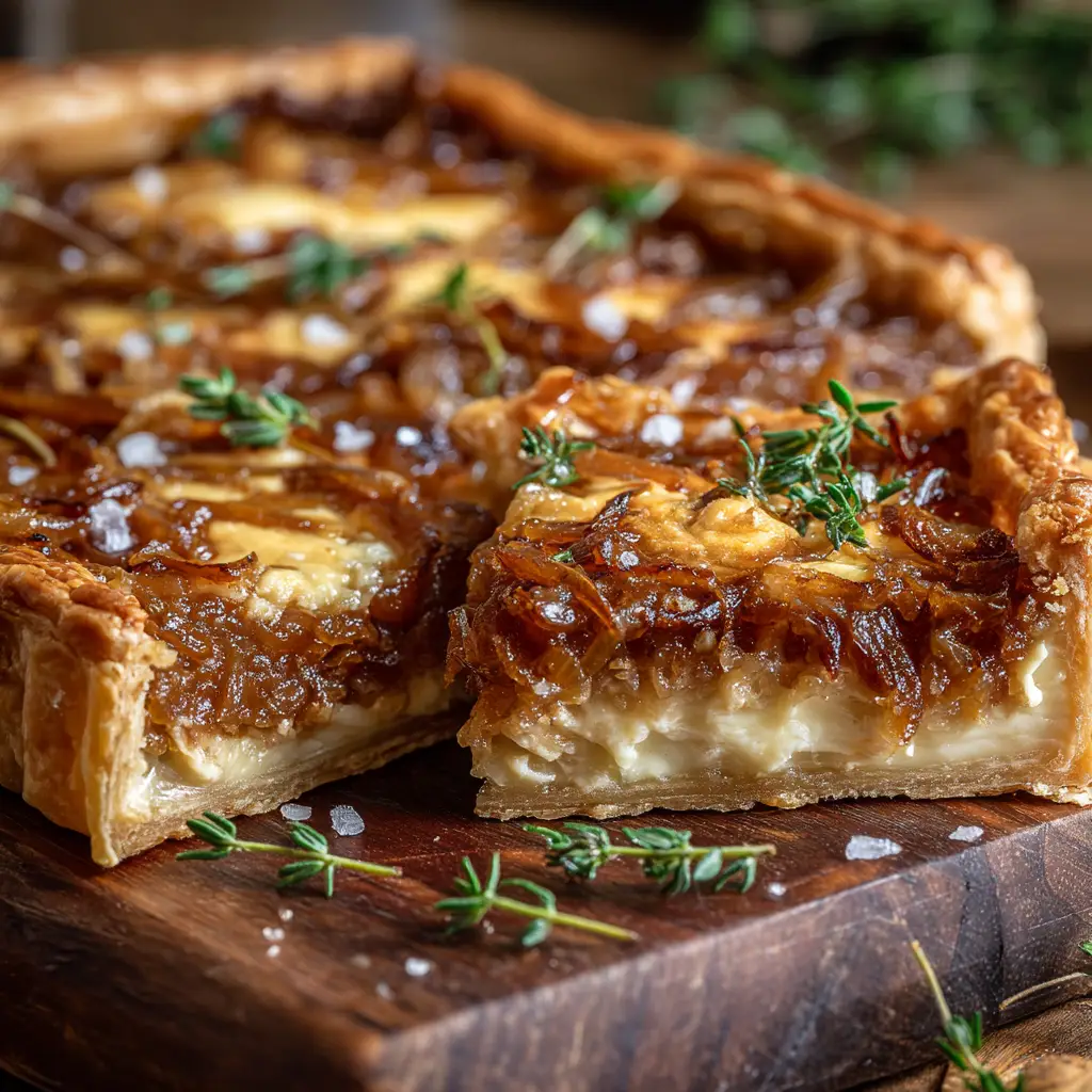 The full French onion tart fresh out of the oven, with a golden crust and bubbly cheese topping.