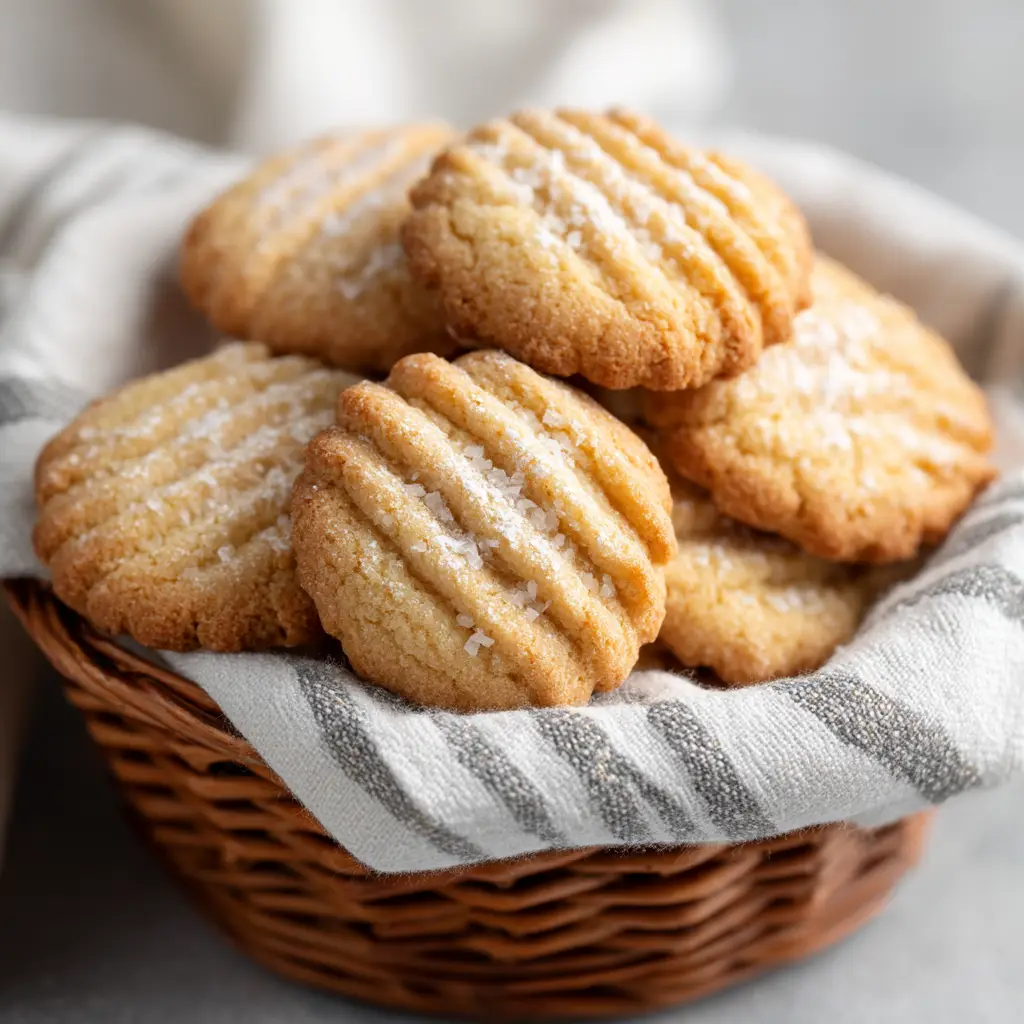A batch of freshly baked Brittany butter cookies cooling on a wire rack, with flaky sea salt visible on top.
