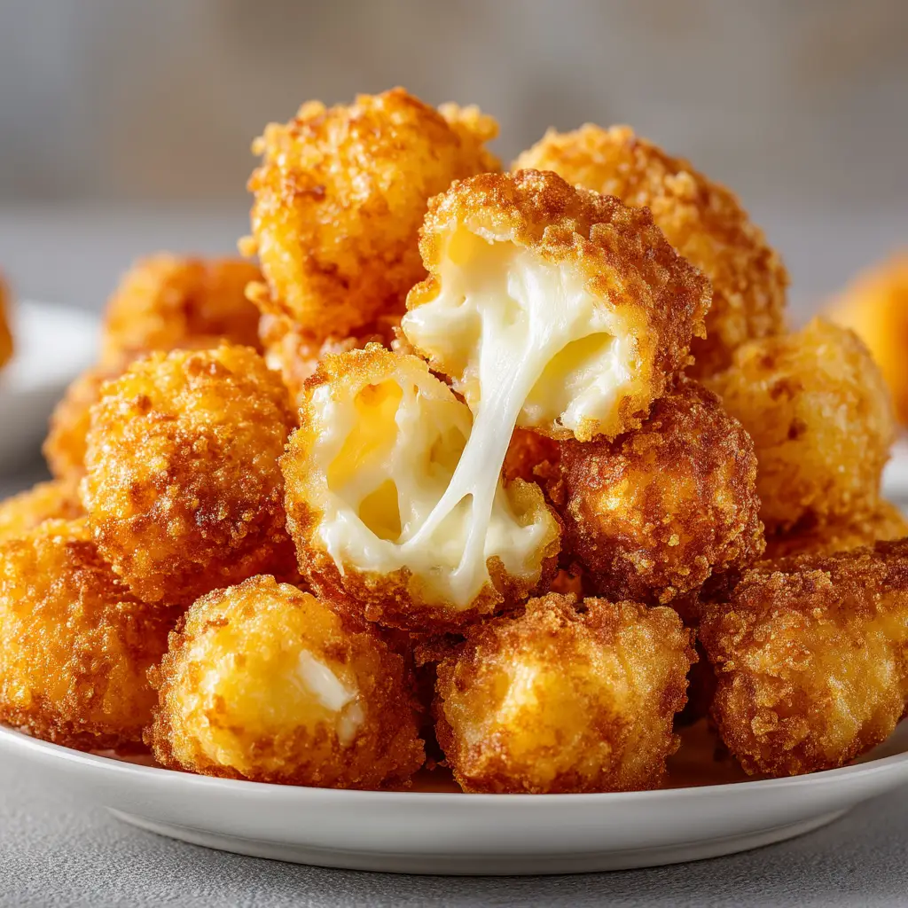A batch of freshly fried cheese curds resting on a wire rack to drain, with steam gently rising from them.