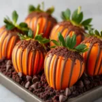 Pumpkin Patch Strawberries (The Cutest Fall Treat!) A close-up of fresh, ripe red strawberries with vibrant green tops, ready to be used in a dessert recipe.