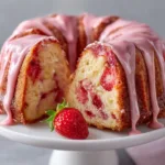 A whole strawberry marble bundt cake cooling on a wire rack. The cake has a beautiful fluted shape and a perfect golden crust, ready for glazing.