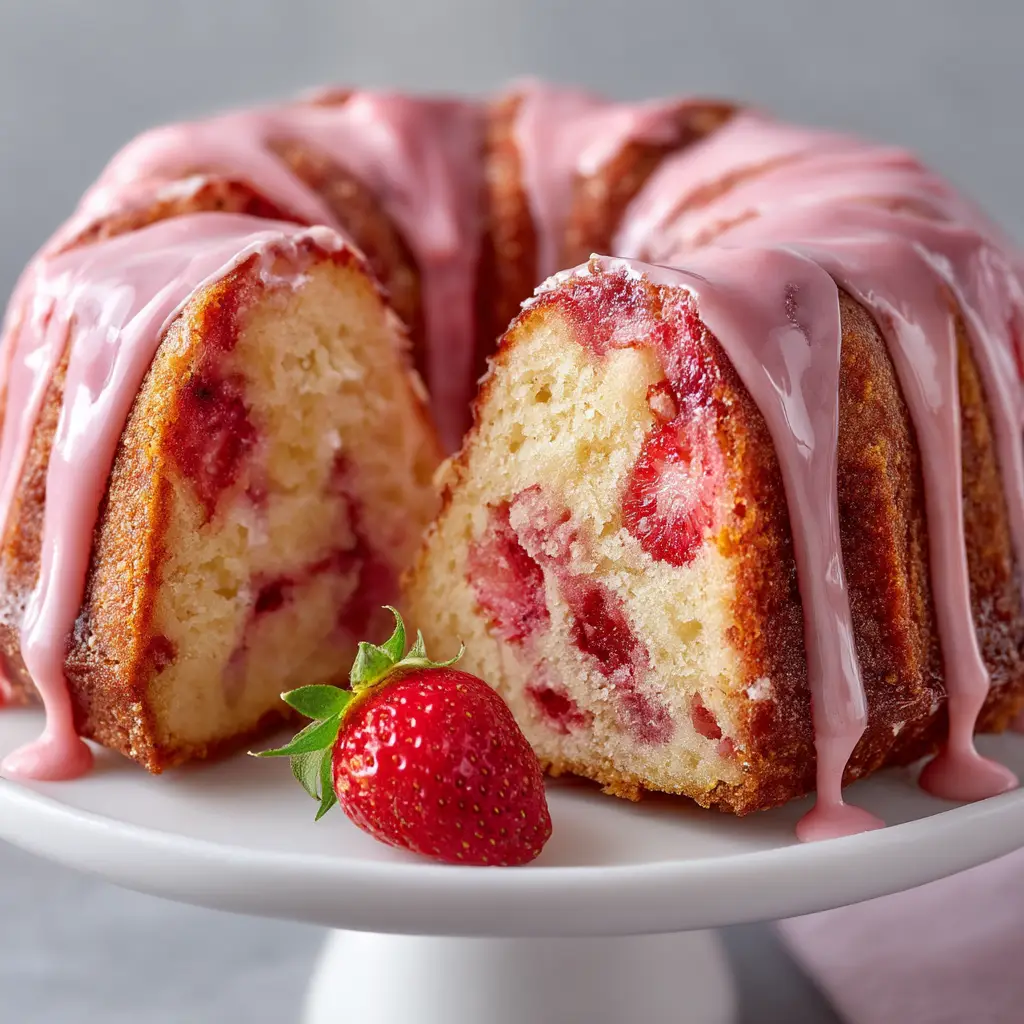 A whole strawberry marble bundt cake cooling on a wire rack. The cake has a beautiful fluted shape and a perfect golden crust, ready for glazing.
