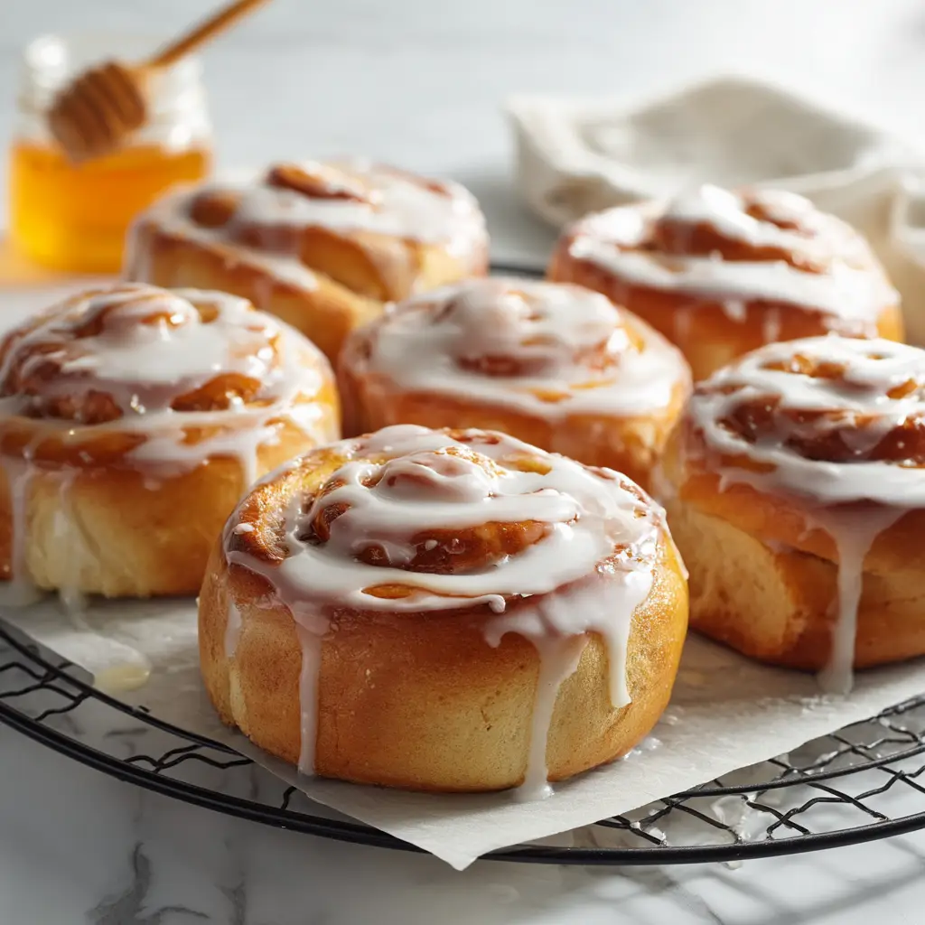 An overhead view of freshly baked homemade honey buns arranged neatly in a baking pan, showcasing their golden-brown tops before glazing.
