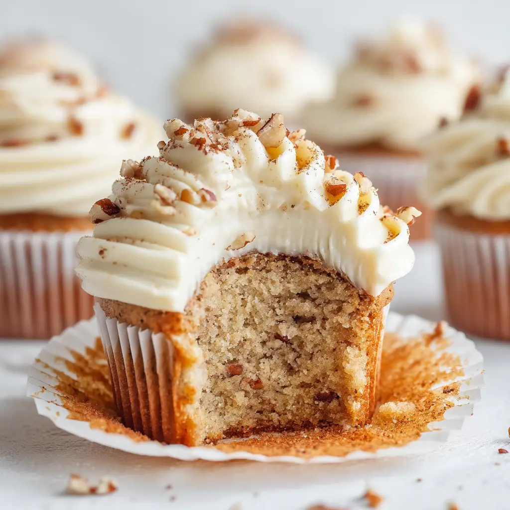 A close-up of a banana pecan cupcake being frosted with a swirl of tangy cream cheese frosting using an offset spatula.