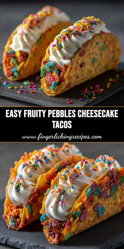 A vibrant and colorful Fruity Pebbles Cheesecake Taco held in hand, showcasing the creamy no-bake filling and crunchy cereal-coated shell. The perfect no-bake dessert taco recipe.