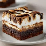 A close-up shot of a single layered brownie bar, highlighting the fudgy brownie texture and the melted marshmallow center.