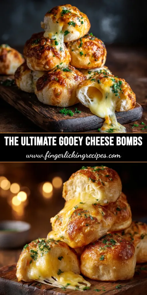 Garlic Cheese Bombs (The Easiest, Cheesiest Appetizer!) 5 A shareable pin image showing golden baked garlic cheese bombs arranged in a circle, with one being pulled apart to reveal a gooey mozzarella cheese center.