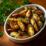 An overhead close-up shot of crispy garlic herb roasted fingerling potatoes on a baking sheet, fresh out of the oven.