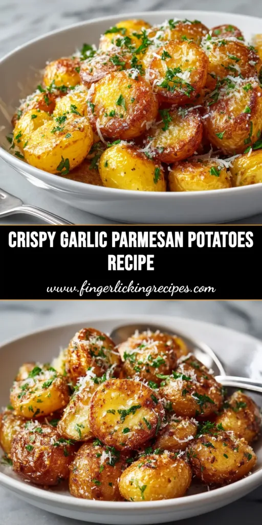 A close-up shot of crispy Garlic Parmesan Roasted Potatoes in a white serving bowl, garnished with fresh parsley.