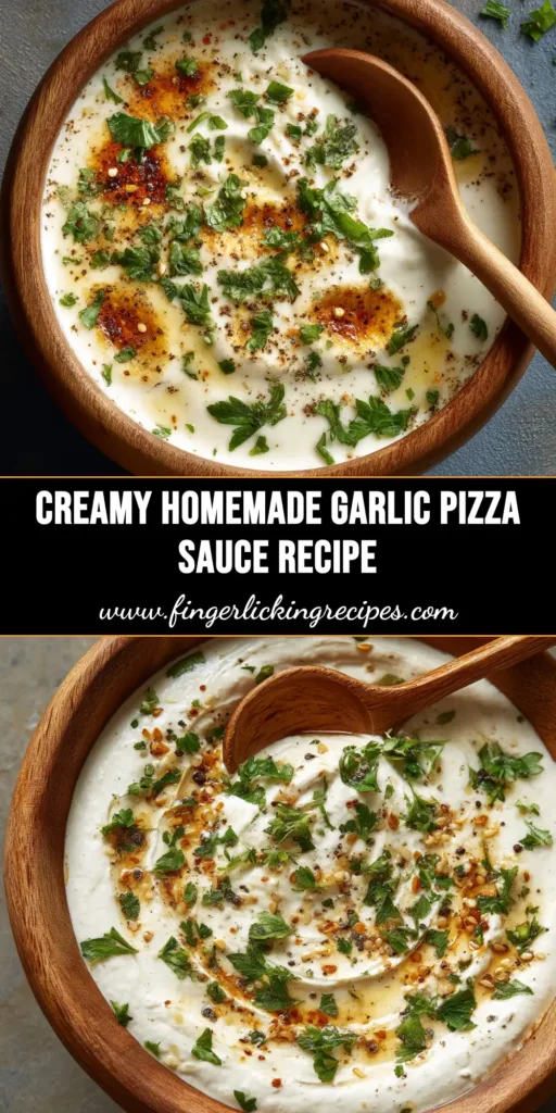 Garlic Sauce for Pizza: The Only Recipe You'll Ever Need 5 An overhead shot of a white pizza topped with creamy garlic sauce for pizza, cheese, and fresh herbs, with one slice being pulled away.