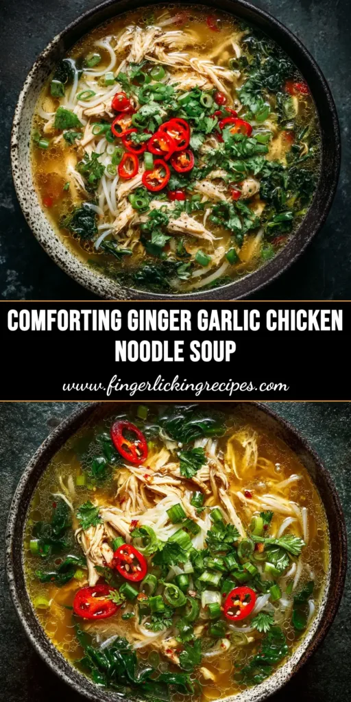 A cozy bowl of homemade Ginger Garlic Chicken Noodle Soup, with visible chunks of chicken, noodles, and carrots in a steaming, aromatic broth.