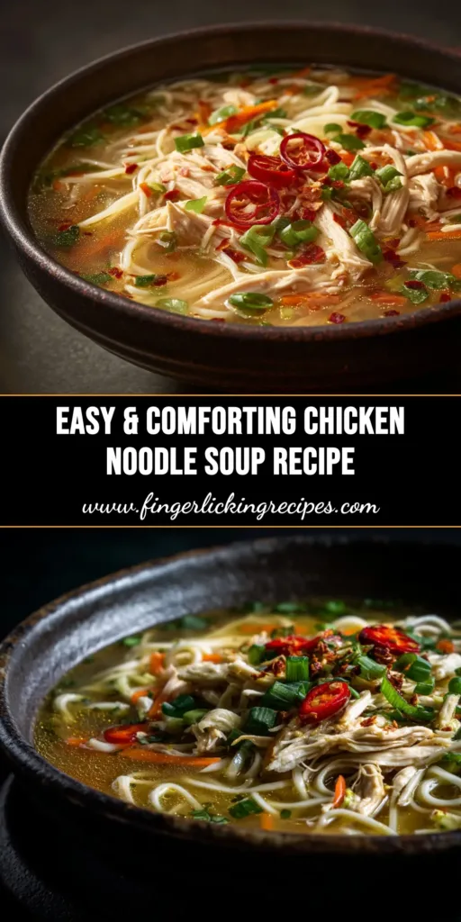 An overhead shot of a vibrant bowl of Ginger Garlic Chicken Noodle Soup, garnished with fresh herbs. The perfect comforting and healthy meal.