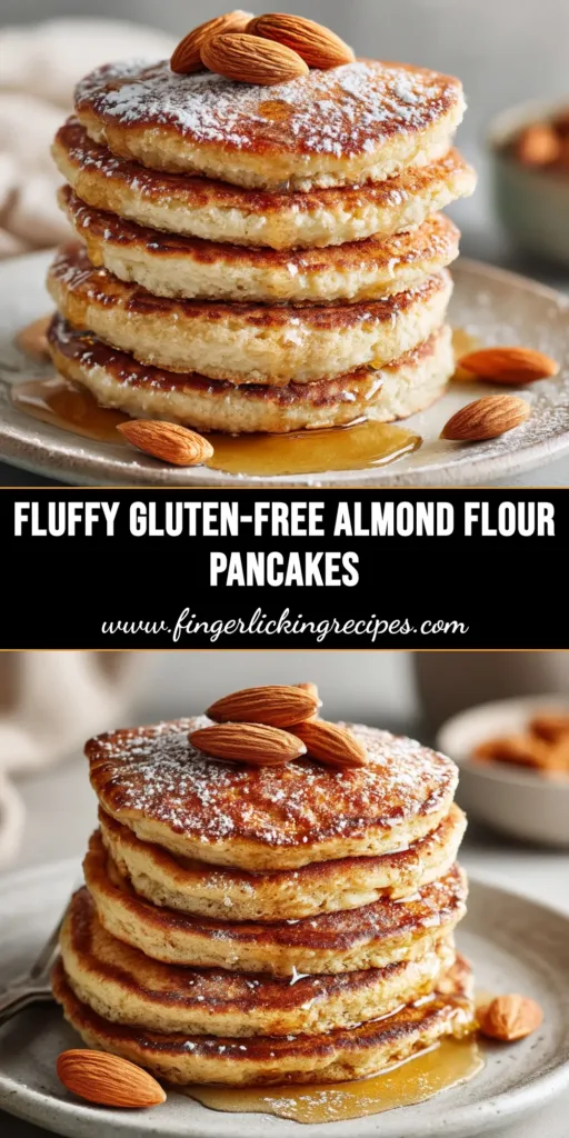 A tall stack of fluffy gluten-free almond flour pancakes topped with fresh blueberries and a drizzle of maple syrup, ready to be eaten.