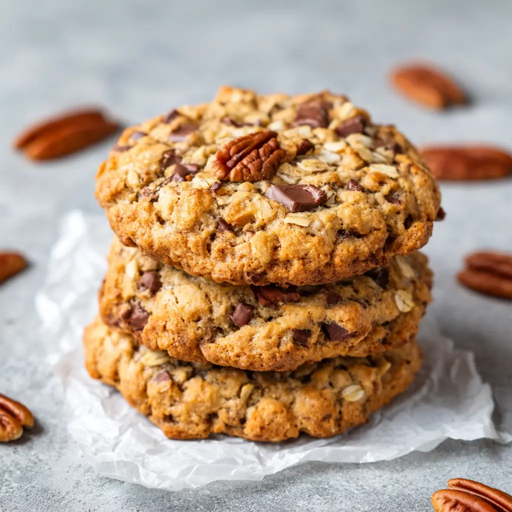 A gluten-free oatmeal cookie broken in half to reveal a soft, chewy center packed with oats.