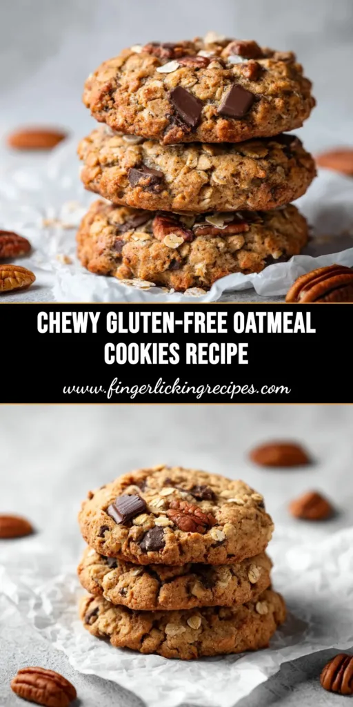 A tall stack of chewy gluten-free oatmeal cookies tied with a white ribbon, ready to be shared. The perfect gluten-free dessert recipe.