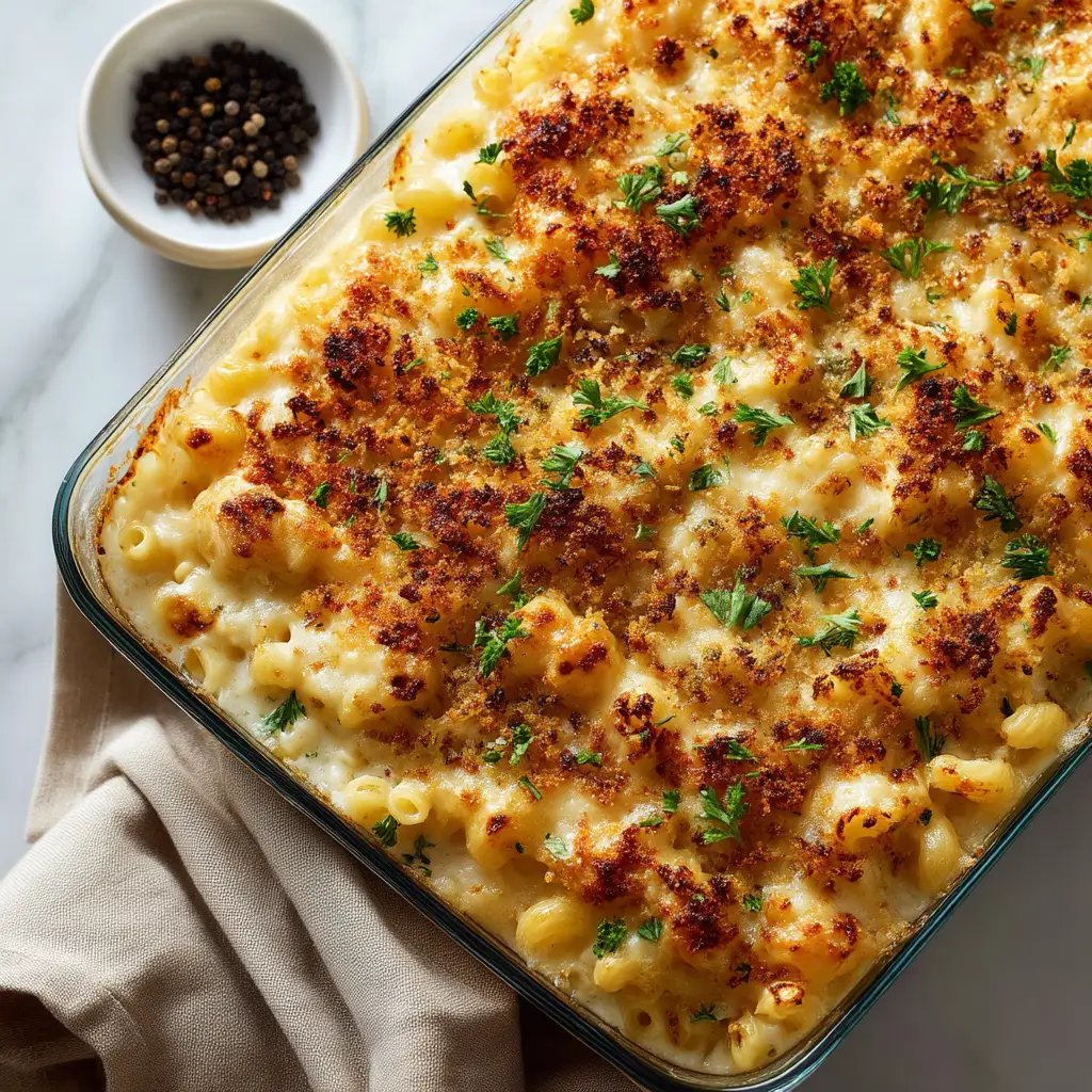 A golden-brown baked mac and cheese casserole fresh from the oven, with a crispy panko and parmesan topping.
