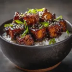 An extreme close-up of golden-brown crispy tofu cubes in a pan. The texture is perfectly crunchy, showcasing the result of the easy tofu stir-fry method.