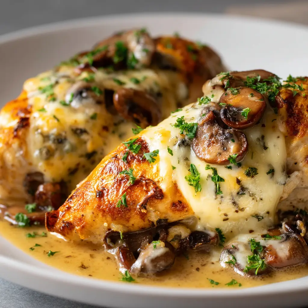 Gouda Mushroom Stuffed Chicken (The Ultimate Cheesy Dinner) 2 The delicious and creamy Gouda and mushroom filling being prepared in a skillet with spinach.