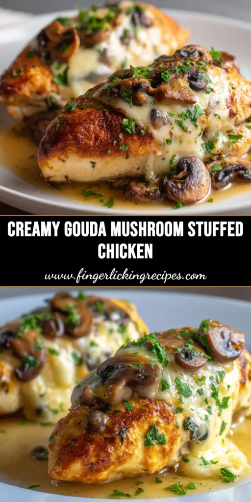Gouda Mushroom Stuffed Chicken (The Ultimate Cheesy Dinner) 5 A perfectly cooked Gouda mushroom stuffed chicken breast, sliced to show the cheesy, savory filling. Served on a white plate, ready to eat.
