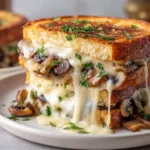 A gourmet Swiss mushroom melt sandwich presented on a rustic wooden board, with a side of crispy fries. The cheese is perfectly melted over the beef patty and mushrooms.