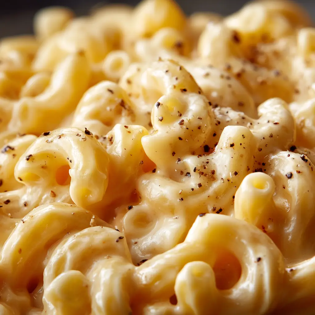 A spoonful of white cheddar mac and cheese being lifted from a bowl, showing off a creamy, cheesy stretch.