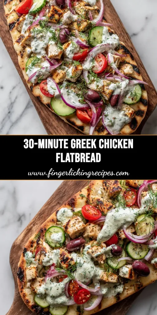 Greek Chicken Flatbread (Quick & Easy Recipe) 5 A delicious Greek Chicken Flatbread cut into slices on a wooden board. The flatbread is topped with chicken, feta, tomatoes, and red onion with a side of tzatziki.