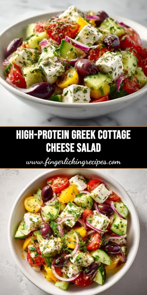 An overhead shot of a vibrant Greek cottage cheese salad in a white bowl, topped with fresh dill. Perfect for a healthy, high-protein lunch.