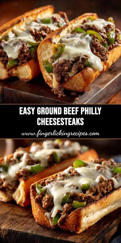 An overhead shot of two Ground Beef Philly Cheesesteaks on toasted hoagie rolls, with the cheesy ground beef and pepper filling spilling out. A perfect easy dinner idea.