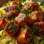 Mediterranean Salmon: A Quick & Healthy 30-Minute Recipe An extreme close-up of a vibrant bowl of healthy baked salmon, showcasing the flaky texture of the fish and the fresh Mediterranean topping.