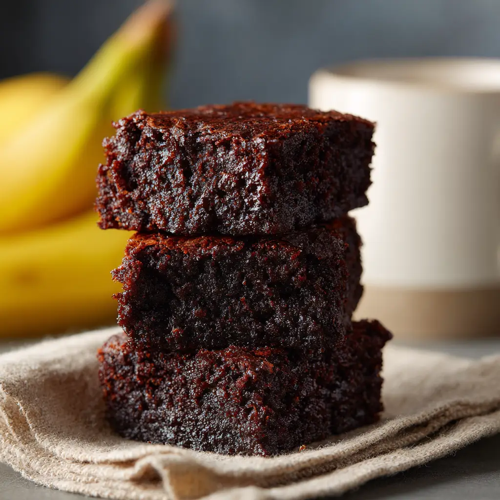 An overhead view of three perfect squares of 3 ingredient banana brownies, ready to be served.