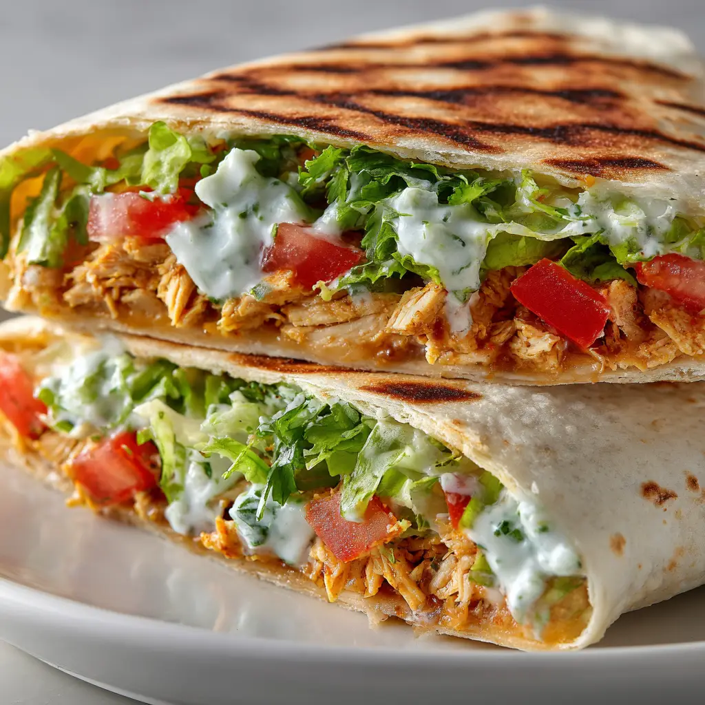 The inside layers of the healthy chicken crunch wrap, showing seasoned chicken, cheese, and fresh vegetables.